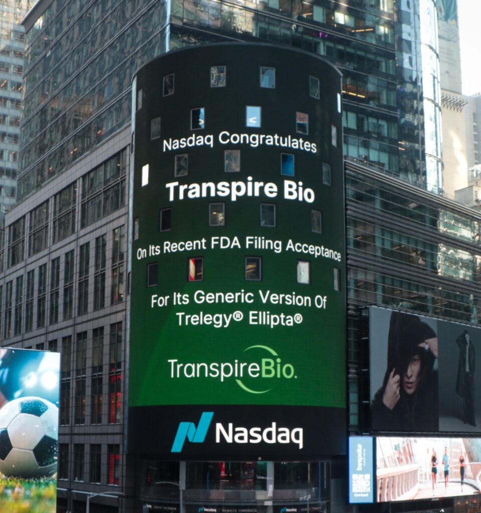 Nasdaq congratulates Transpire Bio on their Trelegy ANDA with a billboard in Times Square